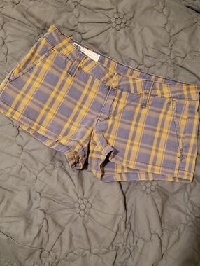 Hurley Yellow and Blue Plaid Denim-Style Women's Shorts